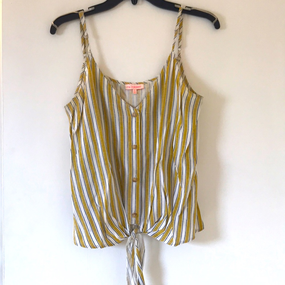 Yellow striped spaghetti strap tank with tie-front